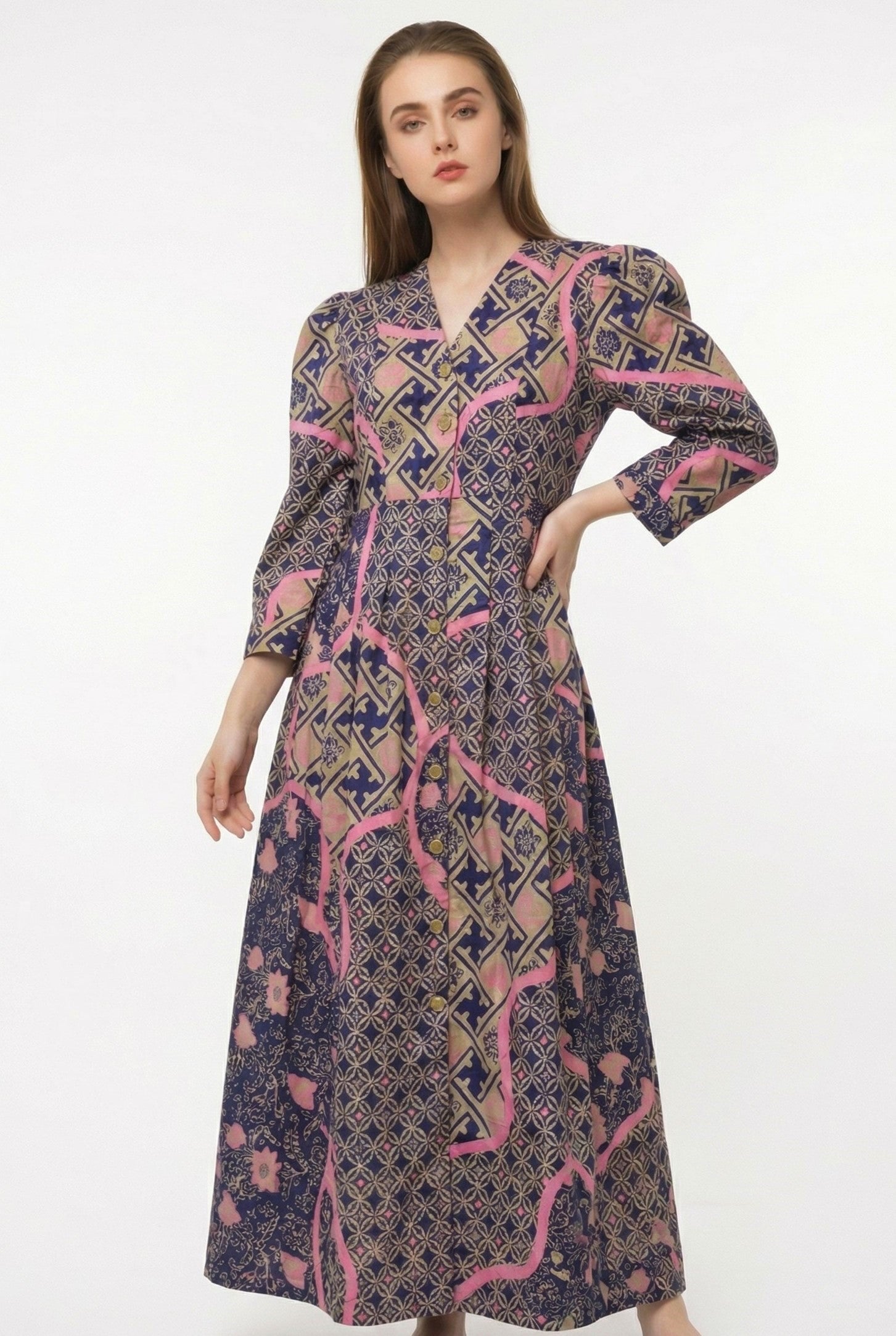 knee length dresses for ladies A-Line Cotton Lurex Dress with Batik Print