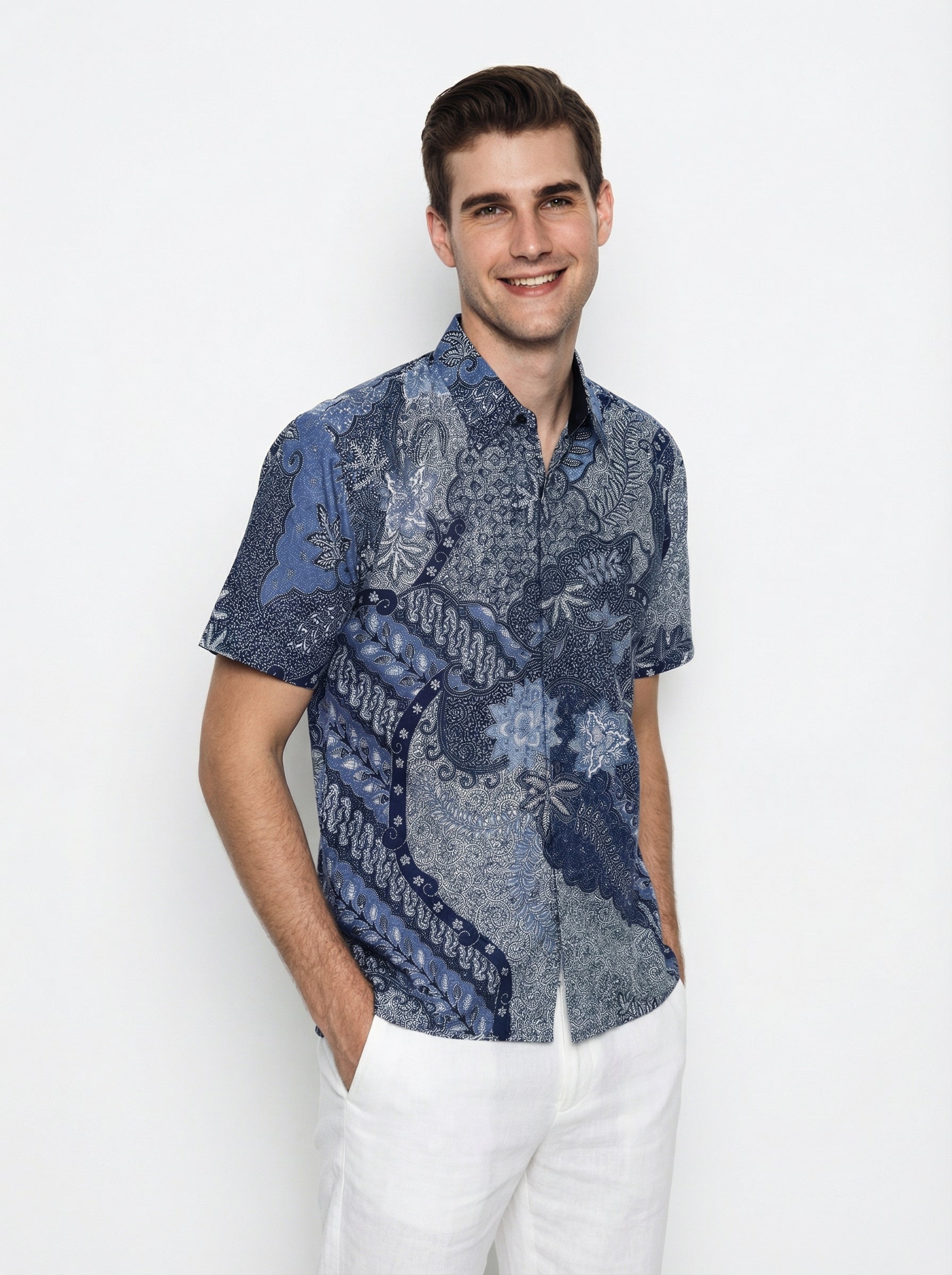 Men's Batik Shirt – Azure Fern | Short Sleeves