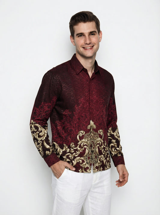Men’s Batik Shirt – Crimson Regal | Long Sleeves