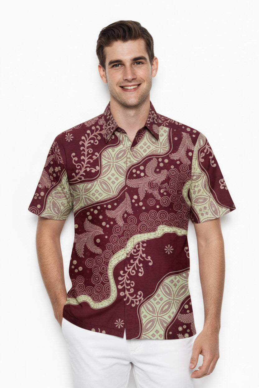 Men's Batik Shirt – Crimson Laurel | Short Sleeves