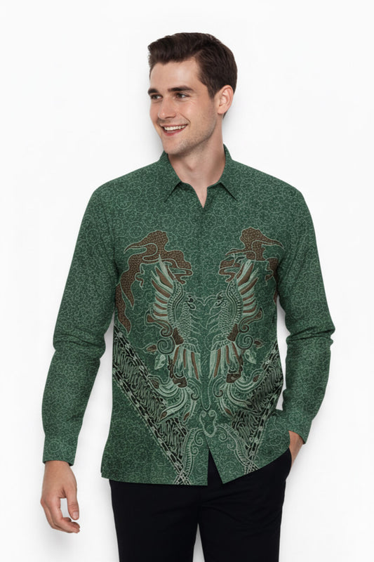 Men’s Batik Shirt – Emerald Phoenix  Long Sleeves
