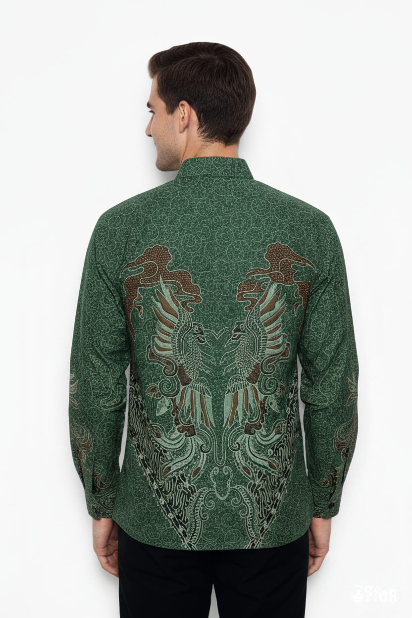 Men’s Batik Shirt – Emerald Phoenix  Long Sleeves 2