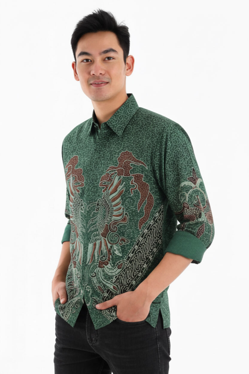 Men’s Batik Shirt – Emerald Phoenix  Long Sleeves 3