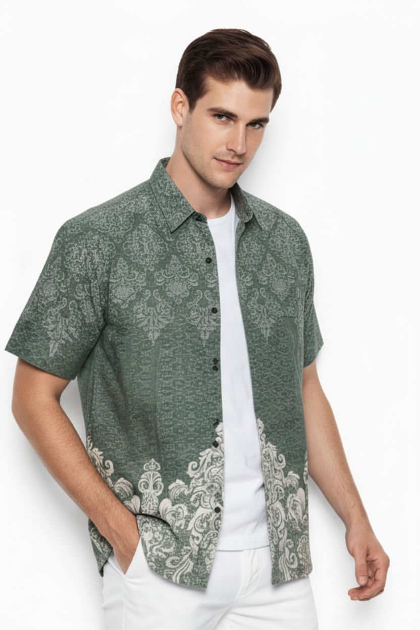 Men’s Batik Shirt – Sage Crest | Short Sleeves