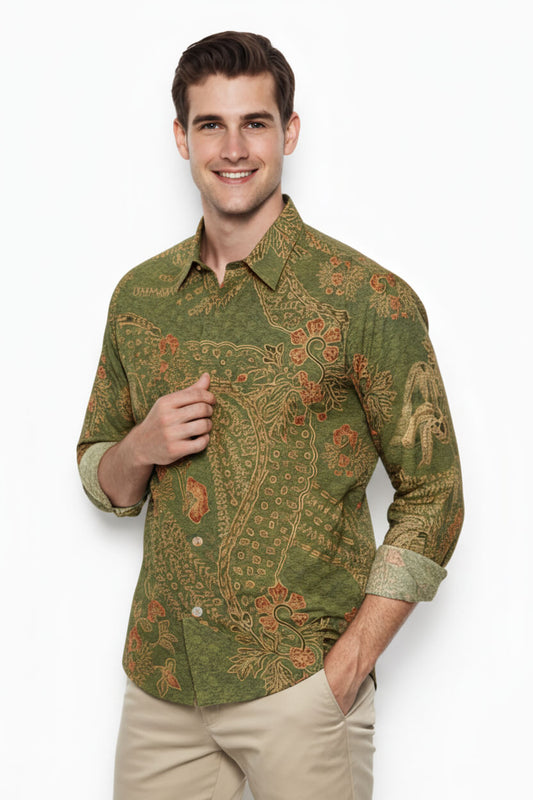 Men's Batik Shirt – Verdant Ember | Long Sleeves
