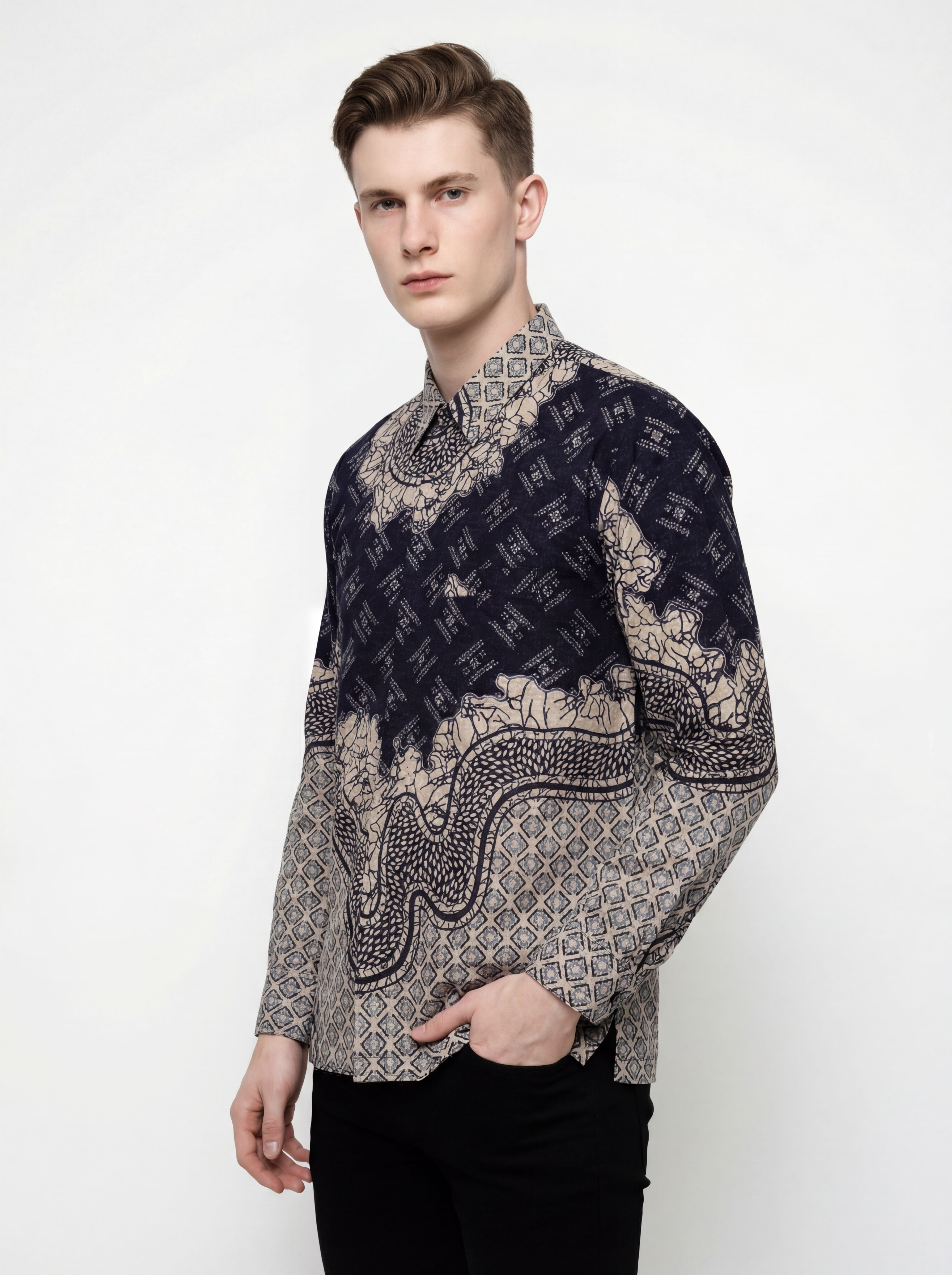 Men’s Batik Shirt – Midnight Crest | Long Sleeves