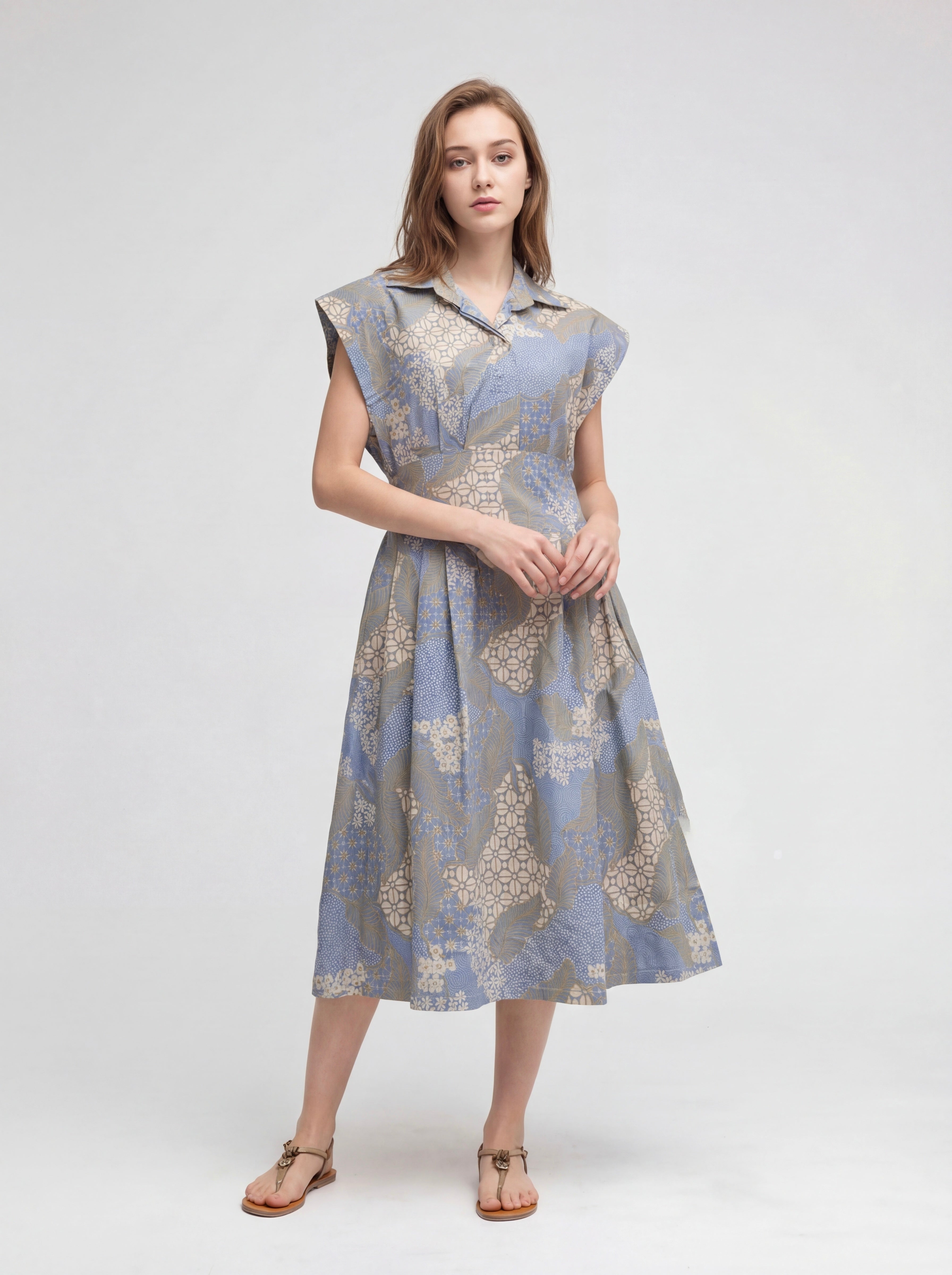 Women's Batik Cap Sleeve Dress - Azure Bloom