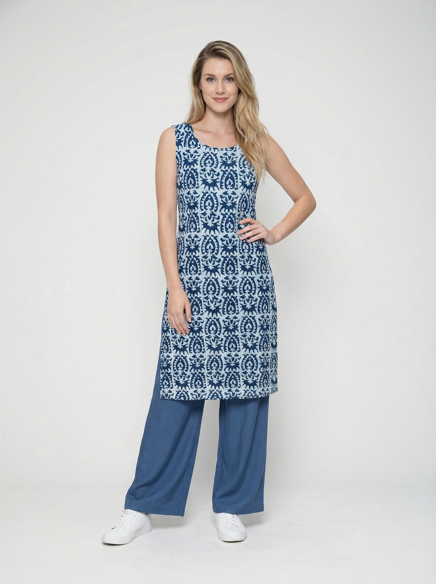 Women’s Batik Kurti – Indigo Tile Sleeveless