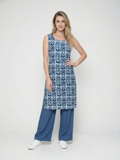 Women’s Batik Kurti – Indigo Tile Sleeveless