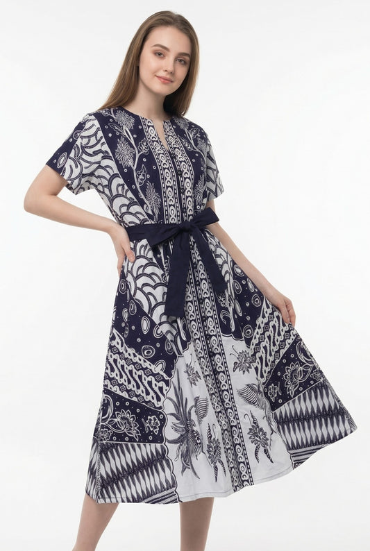 Women's Batik Midi Dress - Blue Floral