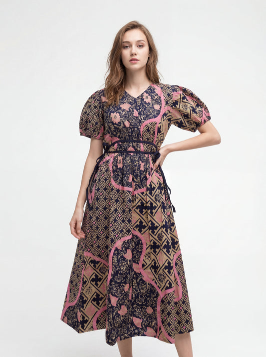 Women's Batik Puff Sleeve Dress - Artistic Heritage