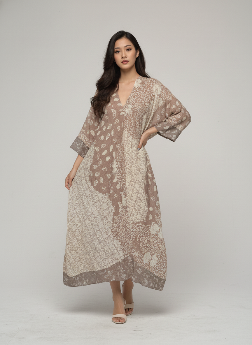 Women's Batik Kebaya Luna Kaftan Tile - Mocca Leaf 1
