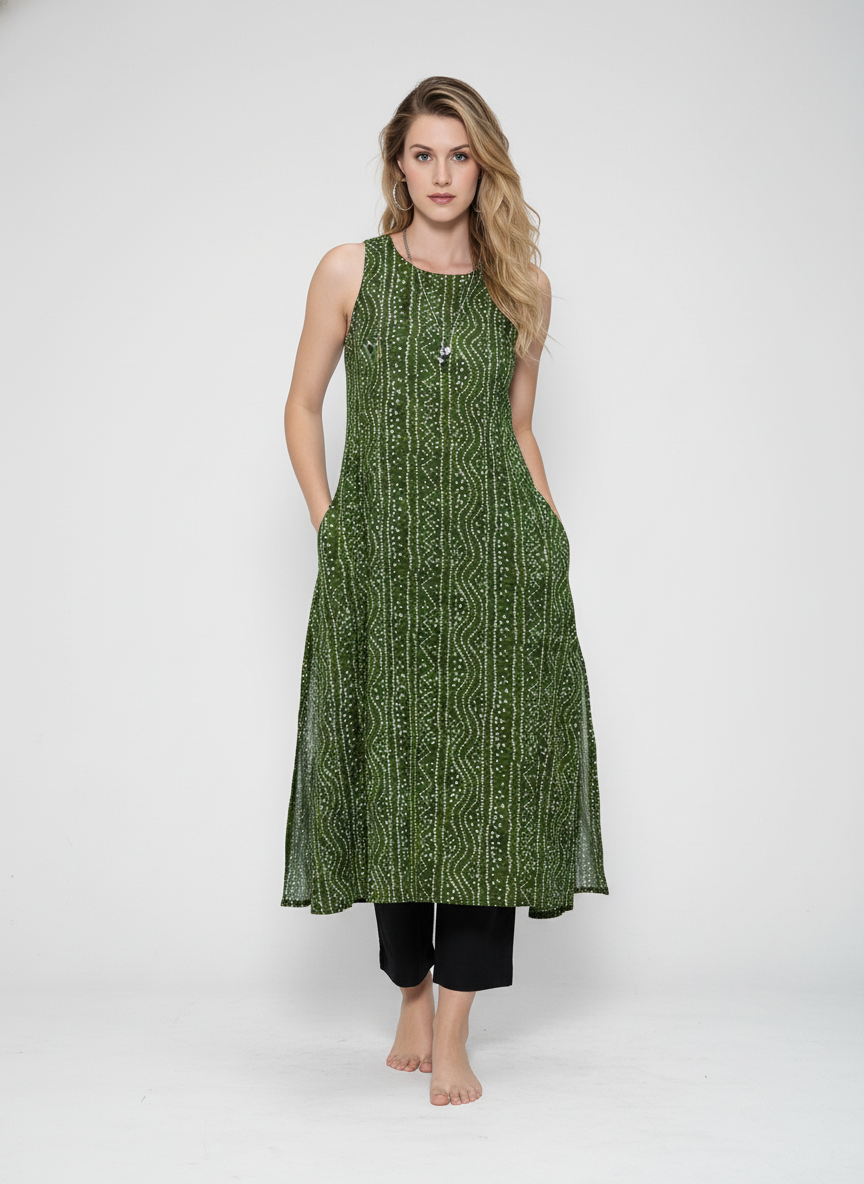 Women’s Batik Kurti – Forest Rhythm Sleeveless 1