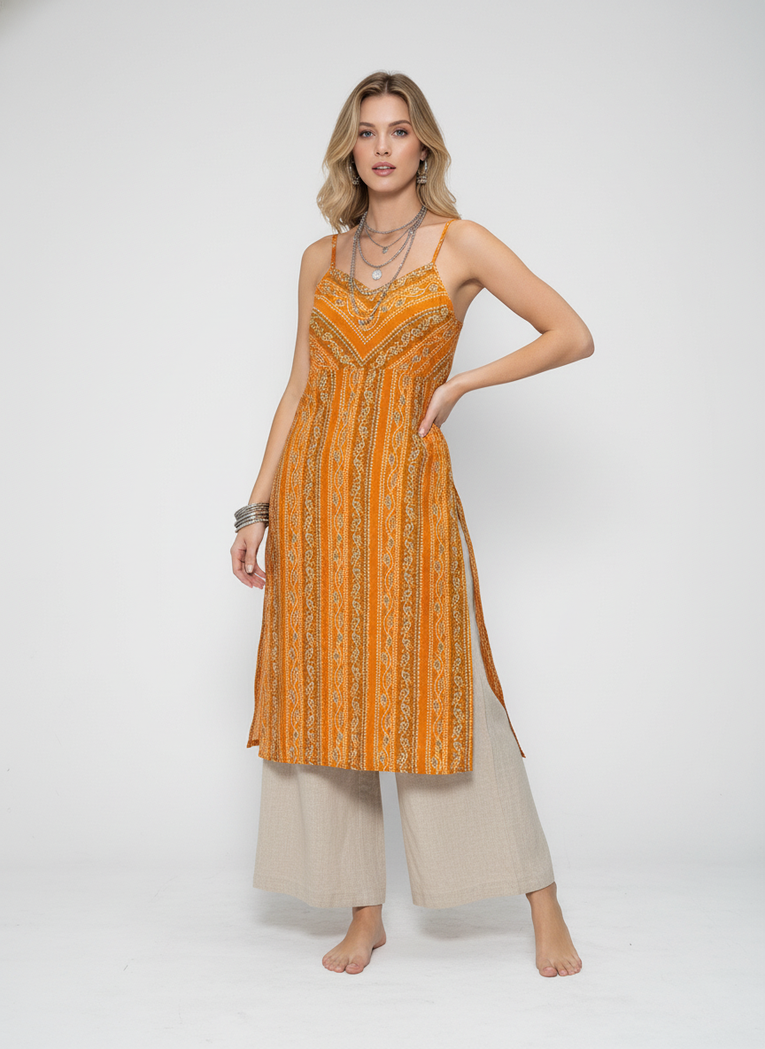 Women’s Batik Kurti – Golden Sunflow Sleeveless 2