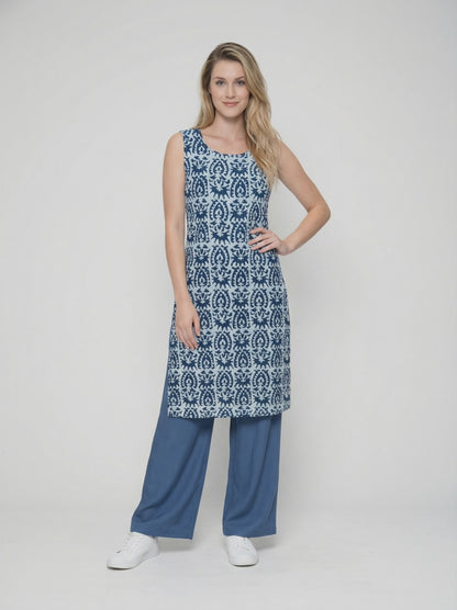Women’s Batik Kurti – Indigo Tile Sleeveless