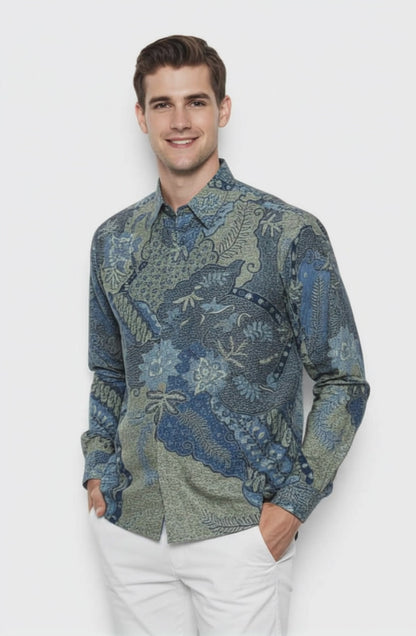 Men's Batik Shirt – Azure Fern  Long Sleeves