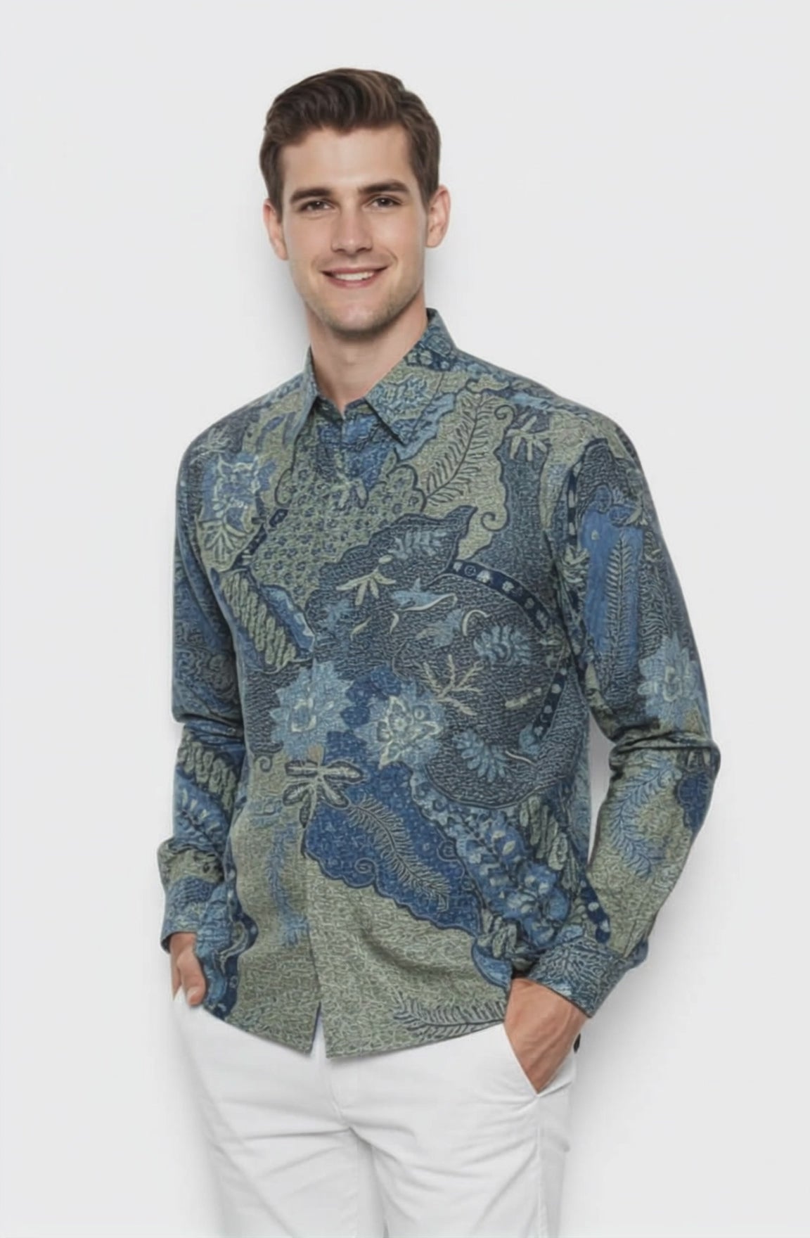 Men's Batik Shirt – Azure Fern  Long Sleeves