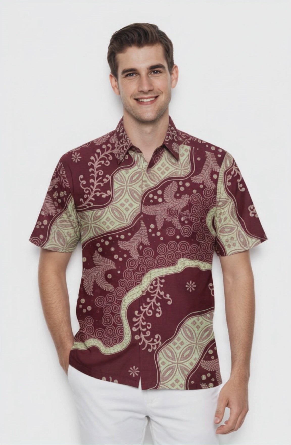 Men's Batik Shirt – Crimson Laurel | Short Sleeves